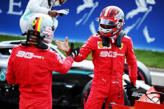 Charles Leclerc (MON) Ferrari celebrates his pole position in qualifying parc ferme with team mate Sebastian Vettel (GER) Ferrari.
31.08.2019. Formula 1 World Championship, Rd 13, Belgian Grand Prix, Spa Francorchamps, Belgium, Qualifying Day.
- www.xpbimages.com, EMail: requests@xpbimages.com - copy of publication required for printed pictures. Every used picture is fee-liable. © Copyright: Batchelor / XPB Images