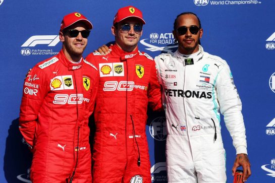 Qualifying top three in parc ferme (L to R): Sebastian Vettel (GER) Ferrari, second; Charles Leclerc (MON) Ferrari, pole position; Lewis Hamilton (GBR) Mercedes AMG F1, third.
31.08.2019. Formula 1 World Championship, Rd 13, Belgian Grand Prix, Spa Francorchamps, Belgium, Qualifying Day.
- www.xpbimages.com, EMail: requests@xpbimages.com - copy of publication required for printed pictures. Every used picture is fee-liable. © Copyright: Batchelor / XPB Images