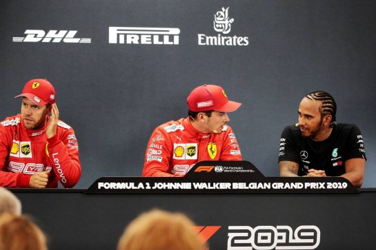 Qualifying top three in the FIA Press Conference (L to R): Sebastian Vettel (GER) Ferrari, second; Charles Leclerc (MON) Ferrari, pole position; Lewis Hamilton (GBR) Mercedes AMG F1, third.
31.08.2019. Formula 1 World Championship, Rd 13, Belgian Grand Prix, Spa Francorchamps, Belgium, Qualifying Day.
- www.xpbimages.com, EMail: requests@xpbimages.com - copy of publication required for printed pictures. Every used picture is fee-liable. © Copyright: Photo4 / XPB Images