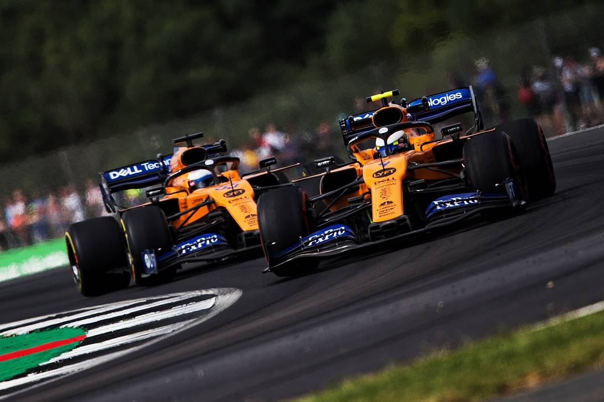 Lando Norris (GBR) McLaren MCL34 leads team mate Carlos Sainz Jr (ESP) McLaren MCL34.