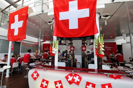 Alfa Romeo Racing celebrate Swiss National Day.
01.08.2019. Formula 1 World Championship, Rd 12, Hungarian Grand Prix, Budapest, Hungary, Preparation Day.
- www.xpbimages.com, EMail: requests@xpbimages.com - copy of publication required for printed pictures. Every used picture is fee-liable. © Copyright: Moy / XPB Images