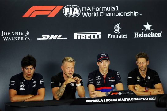 The FIA Press Conference (L to R): Lance Stroll (CDN) Racing Point F1 Team; Kevin Magnussen (DEN) Haas F1 Team; Daniil Kvyat (RUS) Scuderia Toro Rosso; Romain Grosjean (FRA) Haas F1 Team.
01.08.2019. Formula 1 World Championship, Rd 12, Hungarian Grand Prix, Budapest, Hungary, Preparation Day.
- www.xpbimages.com, EMail: requests@xpbimages.com - copy of publication required for printed pictures. Every used picture is fee-liable. © Copyright: Bearne / XPB Images