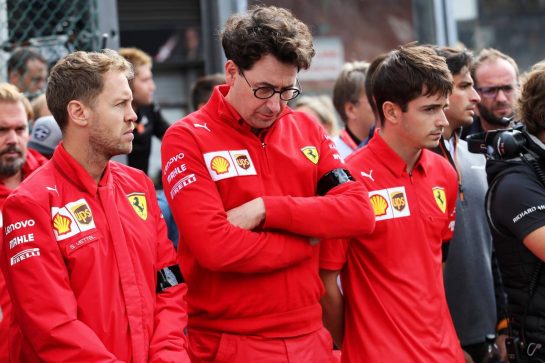 F1, F2, and F3 pay their respects to Anthoine Hubert Sebastian Vettel (GER) Ferrari; Mattia Binotto (ITA) Ferrari Team Principal and Charles Leclerc (MON) Ferrari.
01.09.2019. Formula 1 World Championship, Rd 13, Belgian Grand Prix, Spa Francorchamps, Belgium, Race Day.
- www.xpbimages.com, EMail: requests@xpbimages.com - copy of publication required for printed pictures. Every used picture is fee-liable. © Copyright: Charniaux / XPB Images