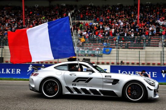 The FIA Safety Car flies the french flag in tribute to Anthoine Hubert on the drivers parade.
01.09.2019. Formula 1 World Championship, Rd 13, Belgian Grand Prix, Spa Francorchamps, Belgium, Race Day.
- www.xpbimages.com, EMail: requests@xpbimages.com - copy of publication required for printed pictures. Every used picture is fee-liable. © Copyright: Batchelor / XPB Images