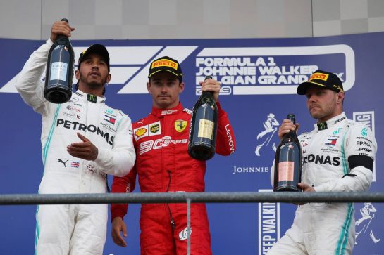 1st place Charles Leclerc (MON) Ferrari SF90, 2nd place Lewis Hamilton (GBR) Mercedes AMG F1 W10 and 3rd place Valtteri Bottas (FIN) Mercedes AMG F1 W10.
01.09.2019. Formula 1 World Championship, Rd 13, Belgian Grand Prix, Spa Francorchamps, Belgium, Race Day.
- www.xpbimages.com, EMail: requests@xpbimages.com - copy of publication required for printed pictures. Every used picture is fee-liable. © Copyright: Batchelor / XPB Images