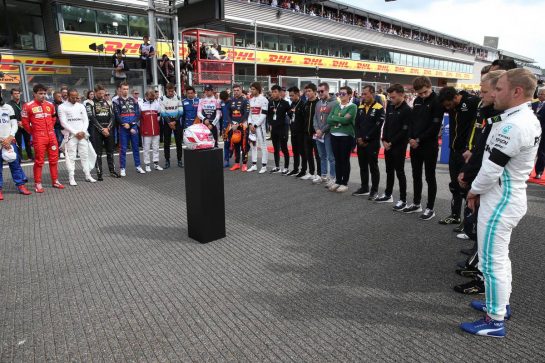 The grid pays its respects to Anthoine Hubert with a minutes silence.01.09.2019. Formula 1 World Championship, Rd 13, Belgian Grand Prix, Spa Francorchamps, Belgium, Race Day.- www.xpbimages.com, EMail: requests@xpbimages.com - copy of publication required for printed pictures. Every used picture is fee-liable. © Copyright: Batchelor / XPB Images