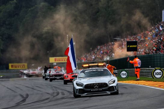 The FIA Safety Car on the drivers parade with a French flag in tribute to Anthoine Hubert.
01.09.2019. Formula 1 World Championship, Rd 13, Belgian Grand Prix, Spa Francorchamps, Belgium, Race Day.
- www.xpbimages.com, EMail: requests@xpbimages.com - copy of publication required for printed pictures. Every used picture is fee-liable. © Copyright: Photo4 / XPB Images