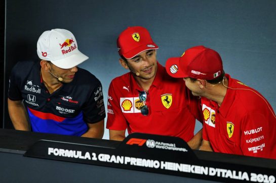 (L to R): Pierre Gasly (FRA) Scuderia Toro Rosso; Charles Leclerc (MON) Ferrari; and Sebastian Vettel (GER) Ferrari, in the FIA Press Conference.
05.09.2019. Formula 1 World Championship, Rd 14, Italian Grand Prix, Monza, Italy, Preparation Day.
- www.xpbimages.com, EMail: requests@xpbimages.com - copy of publication required for printed pictures. Every used picture is fee-liable. © Copyright: Moy / XPB Images