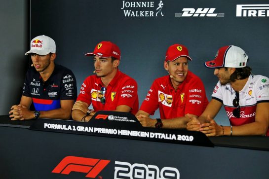 (L to R): Pierre Gasly (FRA) Scuderia Toro Rosso; Charles Leclerc (MON) Ferrari; Sebastian Vettel (GER) Ferrari; and Antonio Giovinazzi (ITA) Alfa Romeo Racing, in the FIA Press Conference.
05.09.2019. Formula 1 World Championship, Rd 14, Italian Grand Prix, Monza, Italy, Preparation Day.
- www.xpbimages.com, EMail: requests@xpbimages.com - copy of publication required for printed pictures. Every used picture is fee-liable. © Copyright: Moy / XPB Images