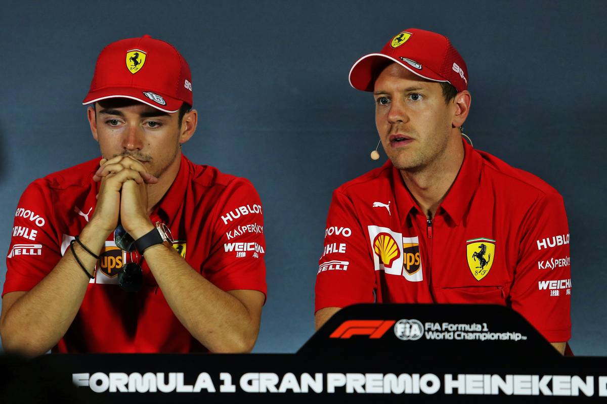 Charles Leclerc (MON) Ferrari and Sebastian Vettel (GER) Ferrari in the FIA Press Conference.
