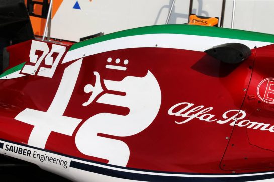 Alfa Romeo Racing C38 with Italian themed livery detail.
05.09.2019. Formula 1 World Championship, Rd 14, Italian Grand Prix, Monza, Italy, Preparation Day.
- www.xpbimages.com, EMail: requests@xpbimages.com - copy of publication required for printed pictures. Every used picture is fee-liable. © Copyright: Batchelor / XPB Images