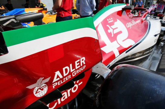 Alfa Romeo Racing C38 with Italian themed livery detail.
05.09.2019. Formula 1 World Championship, Rd 14, Italian Grand Prix, Monza, Italy, Preparation Day.
- www.xpbimages.com, EMail: requests@xpbimages.com - copy of publication required for printed pictures. Every used picture is fee-liable. © Copyright: Batchelor / XPB Images