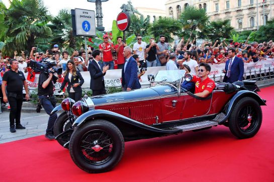 Charles Leclerc (MON) Ferrari at a street celebration for 90 years of the Italian GP and Ferrari.
04.09.2019. Formula 1 World Championship, Rd 14, Italian Grand Prix, Monza, Italy, Preparation Day.
- www.xpbimages.com, EMail: requests@xpbimages.com - copy of publication required for printed pictures. Every used picture is fee-liable. © Copyright: Photo4 / XPB Images