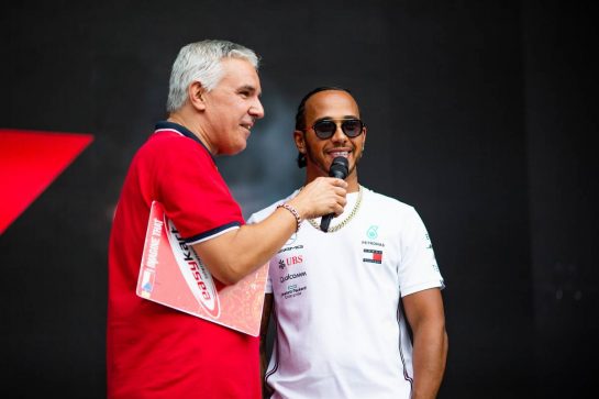 Lewis Hamilton (GBR) Mercedes AMG F1 on the FanZone stage.
05.09.2019. Formula 1 World Championship, Rd 14, Italian Grand Prix, Monza, Italy, Preparation Day.
- www.xpbimages.com, EMail: requests@xpbimages.com - copy of publication required for printed pictures. Every used picture is fee-liable. © Copyright: Filipe / XPB Images