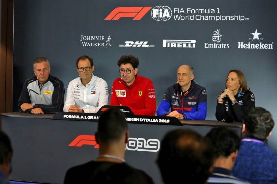 The FIA Press Conference (L to R): Mario Isola (ITA) Pirelli Racing Manager; Aldo Costa (ITA) Mercedes AMG F1 Technical Adviser; Mattia Binotto (ITA) Ferrari Team Principal; Franz Tost (AUT) Scuderia Toro Rosso Team Principal; Claire Williams (GBR) Williams Racing Deputy Team Principal.
06.09.2019. Formula 1 World Championship, Rd 14, Italian Grand Prix, Monza, Italy, Practice Day.
- www.xpbimages.com, EMail: requests@xpbimages.com - copy of publication required for printed pictures. Every used picture is fee-liable. © Copyright: Moy / XPB Images