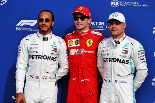 Qualifying top three in parc ferme (L to R): Lewis Hamilton (GBR) Mercedes AMG F1, second; Charles Leclerc (MON) Ferrari, pole position; Valtteri Bottas (FIN) Mercedes AMG F1, third.
07.09.2019. Formula 1 World Championship, Rd 14, Italian Grand Prix, Monza, Italy, Qualifying Day.
- www.xpbimages.com, EMail: requests@xpbimages.com - copy of publication required for printed pictures. Every used picture is fee-liable. © Copyright: Moy / XPB Images