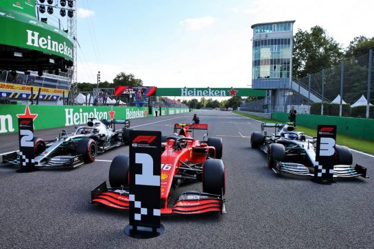 Qualifying top three in parc ferme (L to R): Lewis Hamilton (GBR) Mercedes AMG F1, second; Charles Leclerc (MON) Ferrari, pole position; Valtteri Bottas (FIN) Mercedes AMG F1, third.
07.09.2019. Formula 1 World Championship, Rd 14, Italian Grand Prix, Monza, Italy, Qualifying Day.
- www.xpbimages.com, EMail: requests@xpbimages.com - copy of publication required for printed pictures. Every used picture is fee-liable. © Copyright: Batchelor / XPB Images