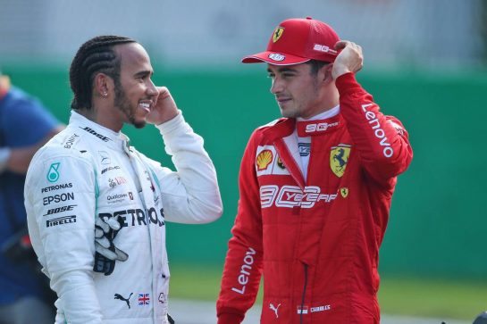 (L to R): Lewis Hamilton (GBR) Mercedes AMG F1 in qualifying parc ferme with Charles Leclerc (MON) Ferrari.
07.09.2019. Formula 1 World Championship, Rd 14, Italian Grand Prix, Monza, Italy, Qualifying Day.
- www.xpbimages.com, EMail: requests@xpbimages.com - copy of publication required for printed pictures. Every used picture is fee-liable. © Copyright: Filipe / XPB Images