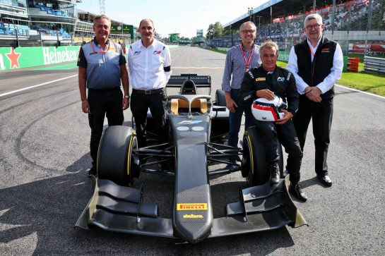 (L to R): Mario Isola (ITA) Pirelli Racing Manager; Bruno Michel (FRA) F2 CEO; Stefano Domenicali (ITA) FIA Single-Seater Commission President; Jean Alesi (FRA); Ross Brawn (GBR) Managing Director, Motor Sports - 2020 Pirelli tyres unveil.
07.09.2019. Formula 1 World Championship, Rd 14, Italian Grand Prix, Monza, Italy, Qualifying Day.
- www.xpbimages.com, EMail: requests@xpbimages.com - copy of publication required for printed pictures. Every used picture is fee-liable. © Copyright: Batchelor / XPB Images