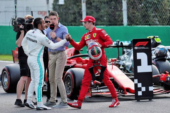 (L to R): Lewis Hamilton (GBR) Mercedes AMG F1 with pole sitter Charles Leclerc (MON) Ferrari in qualifying parc ferme.
07.09.2019. Formula 1 World Championship, Rd 14, Italian Grand Prix, Monza, Italy, Qualifying Day.
- www.xpbimages.com, EMail: requests@xpbimages.com - copy of publication required for printed pictures. Every used picture is fee-liable. © Copyright: Photo4 / XPB Images