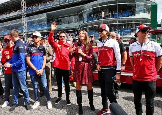 (L to R): Sebastian Vettel (GER) Ferrari; Daniil Kvyat (RUS) Scuderia Toro Rosso; Pierre Gasly (FRA) Scuderia Toro Rosso; Charles Leclerc (MON) Ferrari; Federica Masolin (ITA) Sky F1 Italia Presenter; Antonio Giovinazzi (ITA) Alfa Romeo Racing; and Kimi Raikkonen (FIN) Alfa Romeo Racing, on the drivers parade.
08.09.2019. Formula 1 World Championship, Rd 14, Italian Grand Prix, Monza, Italy, Race Day.
- www.xpbimages.com, EMail: requests@xpbimages.com - copy of publication required for printed pictures. Every used picture is fee-liable. © Copyright: Batchelor / XPB Images
