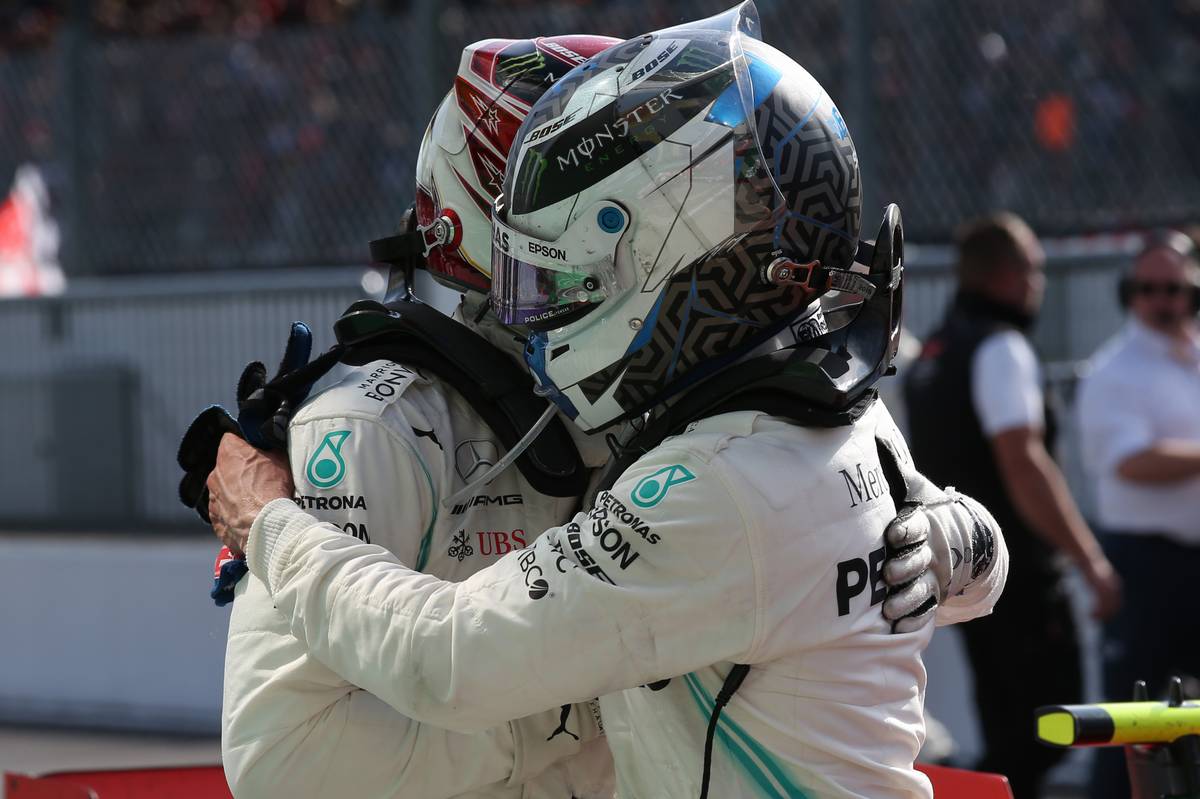 Lewis Hamilton (GBR) Mercedes AMG F1 W10 and Valtteri Bottas (FIN) Mercedes AMG F1 W10.