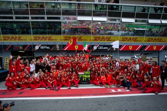 Charles Leclerc (MON) Ferrari SF90 celebrates with the team and Sebastian Vettel (GER) Ferrari SF90.
08.09.2019. Formula 1 World Championship, Rd 14, Italian Grand Prix, Monza, Italy, Race Day.
- www.xpbimages.com, EMail: requests@xpbimages.com - copy of publication required for printed pictures. Every used picture is fee-liable. © Copyright: Filipe / XPB Images