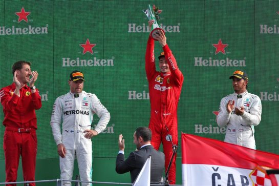 The podium (L to R): Valtteri Bottas (FIN) Mercedes AMG F1, second; Charles Leclerc (MON) Ferrari, race winner; Lewis Hamilton (GBR) Mercedes AMG F1 third.
08.09.2019. Formula 1 World Championship, Rd 14, Italian Grand Prix, Monza, Italy, Race Day.
- www.xpbimages.com, EMail: requests@xpbimages.com - copy of publication required for printed pictures. Every used picture is fee-liable. © Copyright: Moy / XPB Images