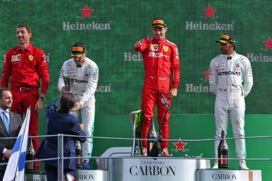The podium (L to R): Valtteri Bottas (FIN) Mercedes AMG F1, second; Charles Leclerc (MON) Ferrari, race winner; Lewis Hamilton (GBR) Mercedes AMG F1 third.
08.09.2019. Formula 1 World Championship, Rd 14, Italian Grand Prix, Monza, Italy, Race Day.
- www.xpbimages.com, EMail: requests@xpbimages.com - copy of publication required for printed pictures. Every used picture is fee-liable. © Copyright: Moy / XPB Images