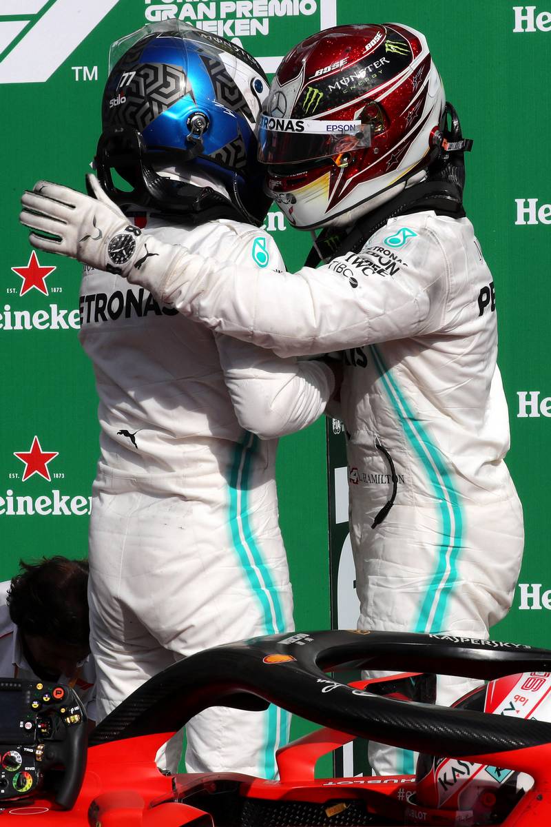 Valtteri Bottas (FIN) Mercedes AMG F1 celebrates second position with third placed team mate Lewis Hamilton (GBR) Mercedes AMG F1 in parc ferme.