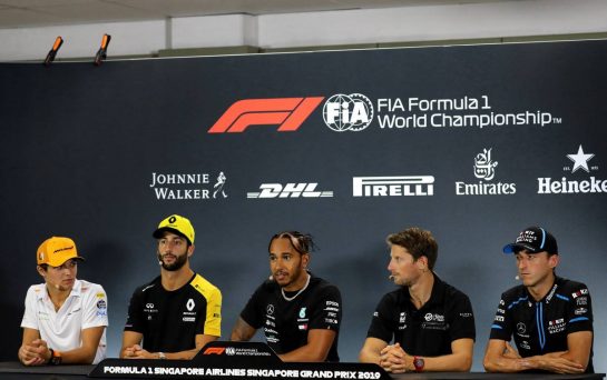The FIA Press Conference (L to R): Lando Norris (GBR) McLaren; Daniel Ricciardo (AUS) Renault F1 Team; Lewis Hamilton (GBR) Mercedes AMG F1; Romain Grosjean (FRA) Haas F1 Team; Robert Kubica (POL) Williams Racing.
19.09.2019. Formula 1 World Championship, Rd 15, Singapore Grand Prix, Marina Bay Street Circuit, Singapore, Preparation Day.
- www.xpbimages.com, EMail: requests@xpbimages.com - copy of publication required for printed pictures. Every used picture is fee-liable. © Copyright: Photo4 / XPB Images