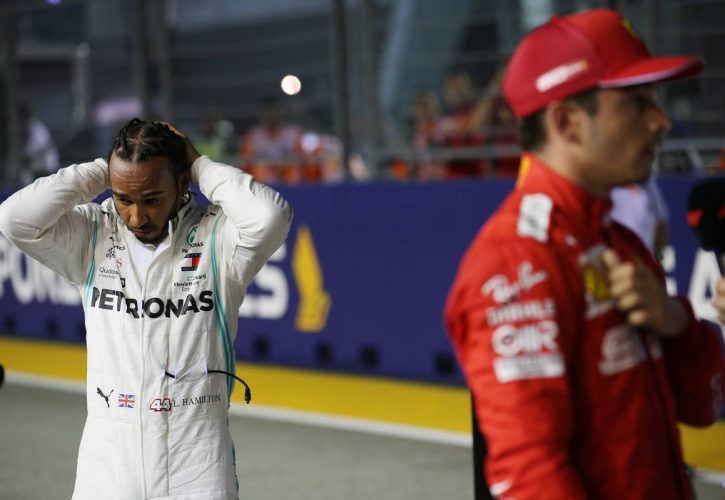 Lewis Hamilton (GBR) Mercedes AMG F1 W10 and Charles Leclerc (MON) Ferrari SF90.