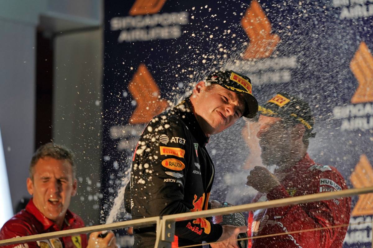 Max Verstappen (NLD) Red Bull Racing celebrates his third position on the podium.