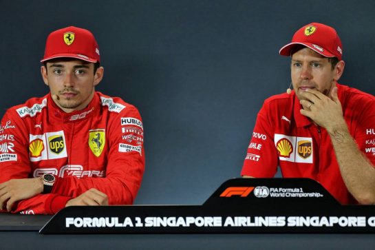 (L to R): Charles Leclerc (MON) Ferrari and Sebastian Vettel (GER) Ferrari in the post race FIA Press Conference.
22.09.2019. Formula 1 World Championship, Rd 15, Singapore Grand Prix, Marina Bay Street Circuit, Singapore, Race Day.
- www.xpbimages.com, EMail: requests@xpbimages.com - copy of publication required for printed pictures. Every used picture is fee-liable. © Copyright: Moy / XPB Images