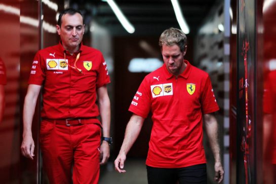 Sebastian Vettel (GER) Ferrari with Riccardo Adami (ITA) Ferrari Race Engineer.
26.09.2019. Formula 1 World Championship, Rd 16, Russian Grand Prix, Sochi Autodrom, Sochi, Russia, Preparation Day.
- www.xpbimages.com, EMail: requests@xpbimages.com - copy of publication required for printed pictures. Every used picture is fee-liable. © Copyright: Filipe / XPB Images