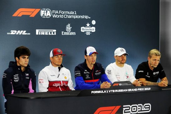 The FIA Press Conference (L to R): Lance Stroll (CDN) Racing Point F1 Team; Kimi Raikkonen (FIN) Alfa Romeo Racing; Daniil Kvyat (RUS) Scuderia Toro Rosso; Valtteri Bottas (FIN) Mercedes AMG F1; Kevin Magnussen (DEN) Haas F1 Team.
26.09.2019. Formula 1 World Championship, Rd 16, Russian Grand Prix, Sochi Autodrom, Sochi, Russia, Preparation Day.
- www.xpbimages.com, EMail: requests@xpbimages.com - copy of publication required for printed pictures. Every used picture is fee-liable. © Copyright: Filipe / XPB Images
