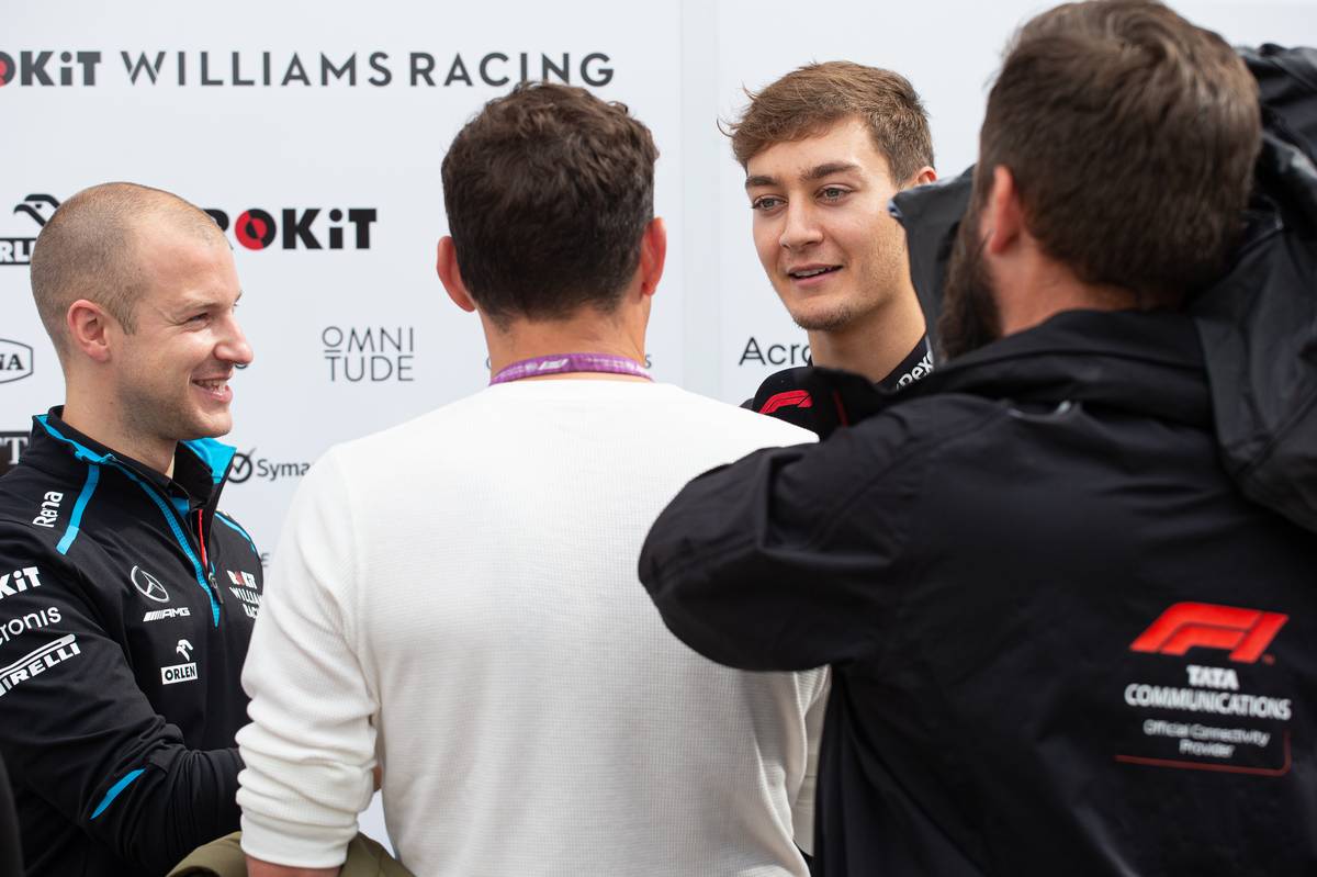 George Russell (GBR) Williams Racing with the media.