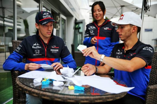 (L to R): Daniil Kvyat (RUS) Scuderia Toro Rosso with team mate Pierre Gasly (FRA) Scuderia Toro Rosso.
26.09.2019. Formula 1 World Championship, Rd 16, Russian Grand Prix, Sochi Autodrom, Sochi, Russia, Preparation Day.
- www.xpbimages.com, EMail: requests@xpbimages.com - copy of publication required for printed pictures. Every used picture is fee-liable. © Copyright: Batchelor / XPB Images