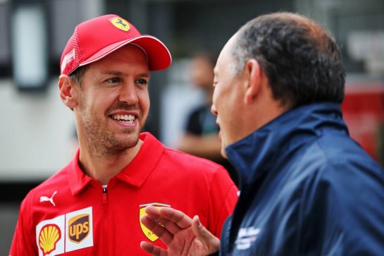 (L to R): Sebastian Vettel (GER) Ferrari with Frederic Vasseur (FRA) Alfa Romeo Racing Team Principal.
26.09.2019. Formula 1 World Championship, Rd 16, Russian Grand Prix, Sochi Autodrom, Sochi, Russia, Preparation Day.
- www.xpbimages.com, EMail: requests@xpbimages.com - copy of publication required for printed pictures. Every used picture is fee-liable. © Copyright: Batchelor / XPB Images