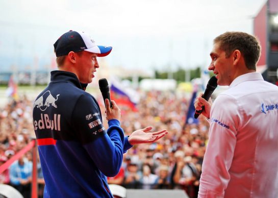 (L to R): Daniil Kvyat (RUS) Scuderia Toro Rosso with Vitaly Petrov (RUS) on the Fanzone stage.
26.09.2019. Formula 1 World Championship, Rd 16, Russian Grand Prix, Sochi Autodrom, Sochi, Russia, Preparation Day.
- www.xpbimages.com, EMail: requests@xpbimages.com - copy of publication required for printed pictures. Every used picture is fee-liable. © Copyright: Filipe / XPB Images
