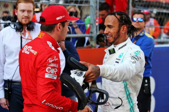 (L to R): Charles Leclerc (MON) Ferrari with Lewis Hamilton (GBR) Mercedes AMG F1 in qualifying parc ferme.
28.09.2019. Formula 1 World Championship, Rd 16, Russian Grand Prix, Sochi Autodrom, Sochi, Russia, Qualifying Day.
- www.xpbimages.com, EMail: requests@xpbimages.com - copy of publication required for printed pictures. Every used picture is fee-liable. © Copyright: Batchelor / XPB Images