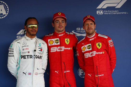 Pole Position for Charles Leclerc (MON) Ferrari SF90, 2nd for Lewis Hamilton (GBR) Mercedes AMG F1 W10 and 3rd for Sebastian Vettel (GER) Ferrari SF90.28.09.2019. Formula 1 World Championship, Rd 16, Russian Grand Prix, Sochi Autodrom, Sochi, Russia, Qualifying Day.- www.xpbimages.com, EMail: requests@xpbimages.com - copy of publication required for printed pictures. Every used picture is fee-liable. © Copyright: Filipe / XPB Images