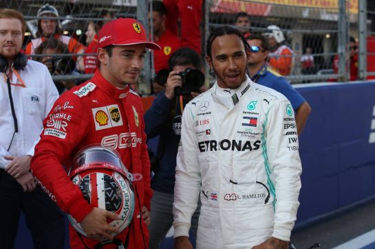 pole position for Charles Leclerc (MON) Ferrari SF90 and Lewis Hamilton (GBR) Mercedes AMG F1 W10 in 2nd for the race.28.09.2019. Formula 1 World Championship, Rd 16, Russian Grand Prix, Sochi Autodrom, Sochi, Russia, Qualifying Day.- www.xpbimages.com, EMail: requests@xpbimages.com - copy of publication required for printed pictures. Every used picture is fee-liable. © Copyright: Batchelor / XPB Images