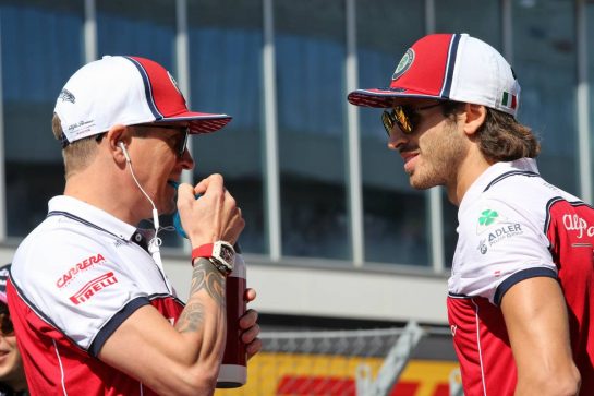 (L to R): Kimi Raikkonen (FIN) Alfa Romeo Racing with Antonio Giovinazzi (ITA) Alfa Romeo Racing on the drivers parade.
29.09.2019. Formula 1 World Championship, Rd 16, Russian Grand Prix, Sochi Autodrom, Sochi, Russia, Race Day.
- www.xpbimages.com, EMail: requests@xpbimages.com - copy of publication required for printed pictures. Every used picture is fee-liable. © Copyright: Batchelor / XPB Images