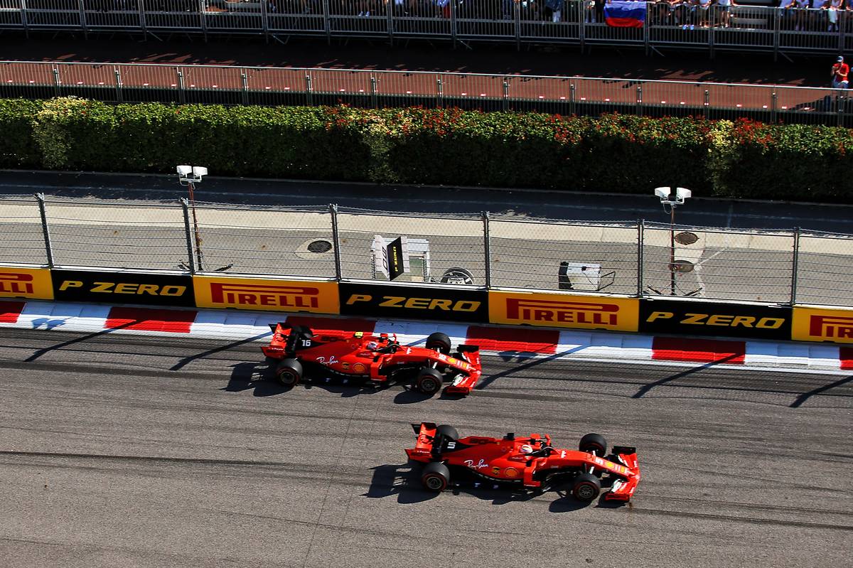 Sebastian Vettel (GER) Ferrari SF90 leads team mate Charles Leclerc (MON) Ferrari SF90 at the start of the race