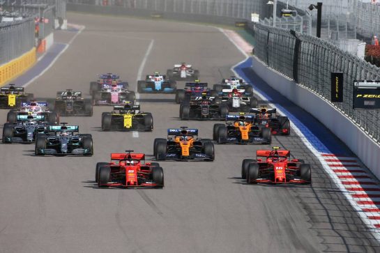 Sebastian Vettel (GER) Ferrari SF90 and Charles Leclerc (MON) Ferrari SF90 at the start of the race.
29.09.2019. Formula 1 World Championship, Rd 16, Russian Grand Prix, Sochi Autodrom, Sochi, Russia, Race Day.
- www.xpbimages.com, EMail: requests@xpbimages.com - copy of publication required for printed pictures. Every used picture is fee-liable. © Copyright: Charniaux / XPB Images