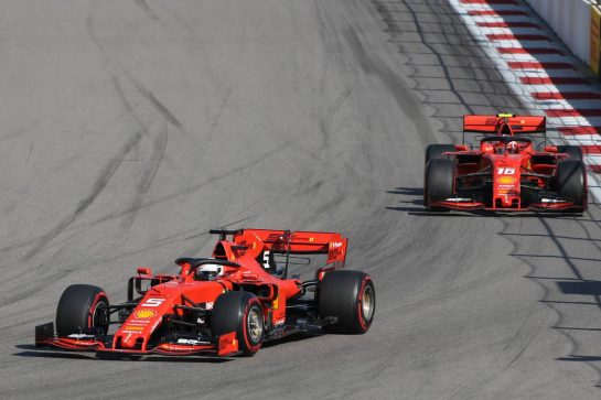 Sebastian Vettel (GER) Ferrari SF90 leads Charles Leclerc (MON) Ferrari SF90.
29.09.2019. Formula 1 World Championship, Rd 16, Russian Grand Prix, Sochi Autodrom, Sochi, Russia, Race Day.
- www.xpbimages.com, EMail: requests@xpbimages.com - copy of publication required for printed pictures. Every used picture is fee-liable. © Copyright: Charniaux / XPB Images