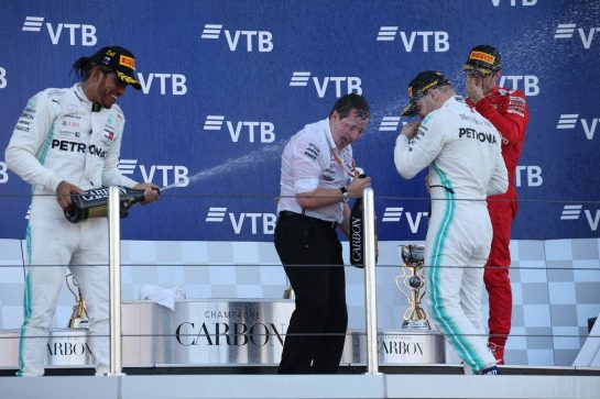 1st place Lewis Hamilton (GBR) Mercedes AMG F1 W10, 2nd Valtteri Bottas (FIN) Mercedes AMG F1 W10 and 3rd place Charles Leclerc (MON) Ferrari SF90.
29.09.2019. Formula 1 World Championship, Rd 16, Russian Grand Prix, Sochi Autodrom, Sochi, Russia, Race Day.
- www.xpbimages.com, EMail: requests@xpbimages.com - copy of publication required for printed pictures. Every used picture is fee-liable. © Copyright: Batchelor / XPB Images