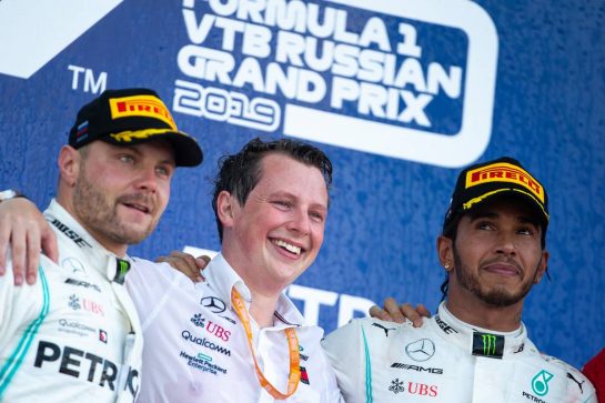 The podium (L to R): second placed Valtteri Bottas (FIN) Mercedes AMG F1 with race winner Lewis Hamilton (GBR) Mercedes AMG F1.
29.09.2019. Formula 1 World Championship, Rd 16, Russian Grand Prix, Sochi Autodrom, Sochi, Russia, Race Day.
- www.xpbimages.com, EMail: requests@xpbimages.com - copy of publication required for printed pictures. Every used picture is fee-liable. © Copyright: Bearne / XPB Images