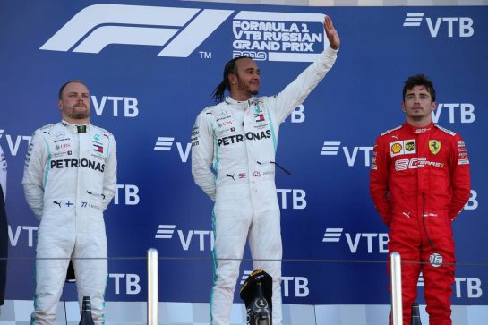 1st place Lewis Hamilton (GBR) Mercedes AMG F1 W10, 2nd Valtteri Bottas (FIN) Mercedes AMG F1 W10 and 3rd place Charles Leclerc (MON) Ferrari SF90.
29.09.2019. Formula 1 World Championship, Rd 16, Russian Grand Prix, Sochi Autodrom, Sochi, Russia, Race Day.
- www.xpbimages.com, EMail: requests@xpbimages.com - copy of publication required for printed pictures. Every used picture is fee-liable. © Copyright: Batchelor / XPB Images